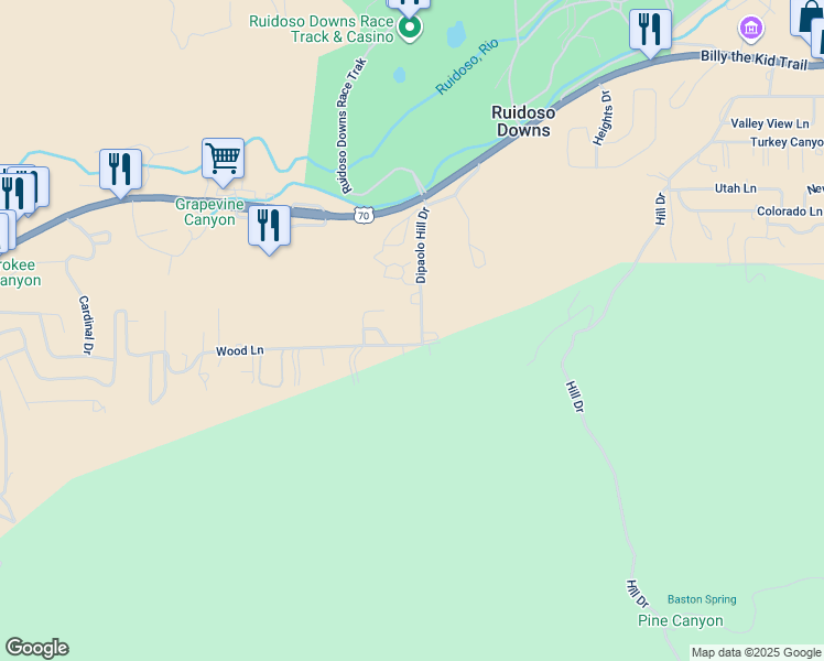 map of restaurants, bars, coffee shops, grocery stores, and more near 114 Dipaolo Hill Drive in Ruidoso Downs