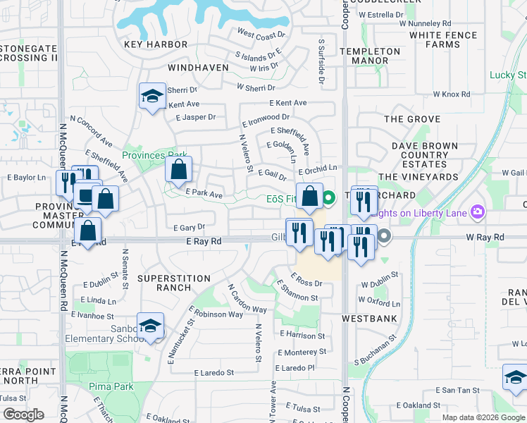 map of restaurants, bars, coffee shops, grocery stores, and more near 1720 East Park Avenue in Chandler
