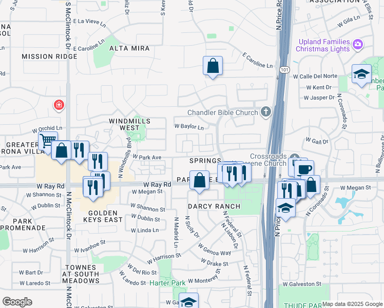 map of restaurants, bars, coffee shops, grocery stores, and more near 1124 North Corsica Drive in Chandler