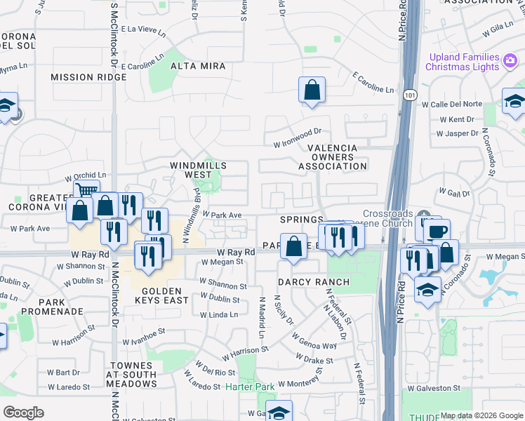 map of restaurants, bars, coffee shops, grocery stores, and more near 1124 North Corsica Drive in Chandler