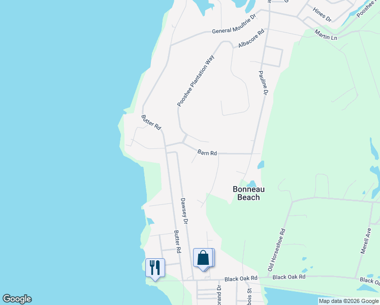 map of restaurants, bars, coffee shops, grocery stores, and more near 624 Barn Road in Bonneau
