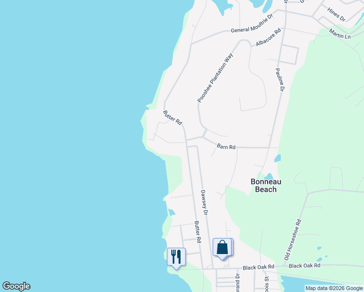 map of restaurants, bars, coffee shops, grocery stores, and more near 621 Butter Road in Bonneau