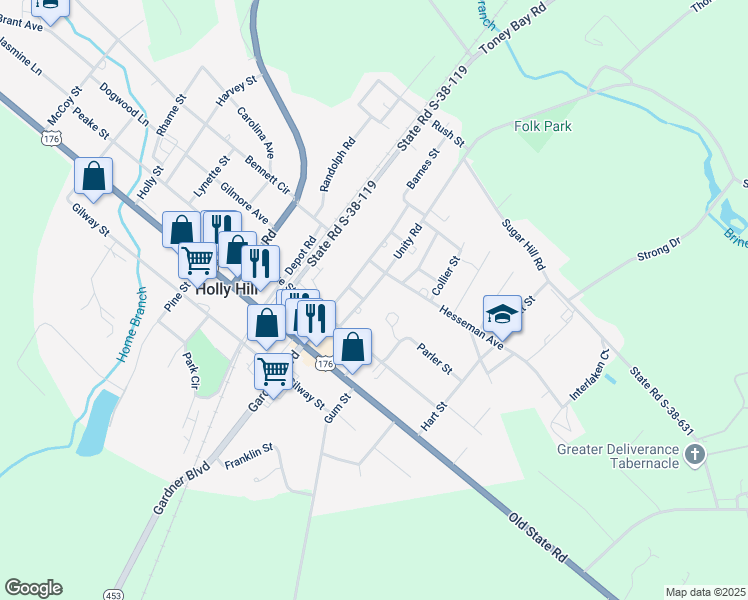map of restaurants, bars, coffee shops, grocery stores, and more near 1101 Unity Road in Holly Hill