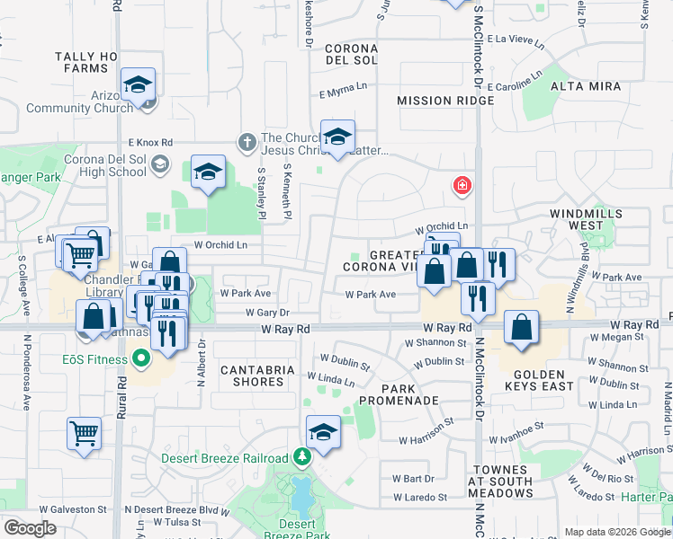 map of restaurants, bars, coffee shops, grocery stores, and more near 4282 West Gail Drive in Chandler