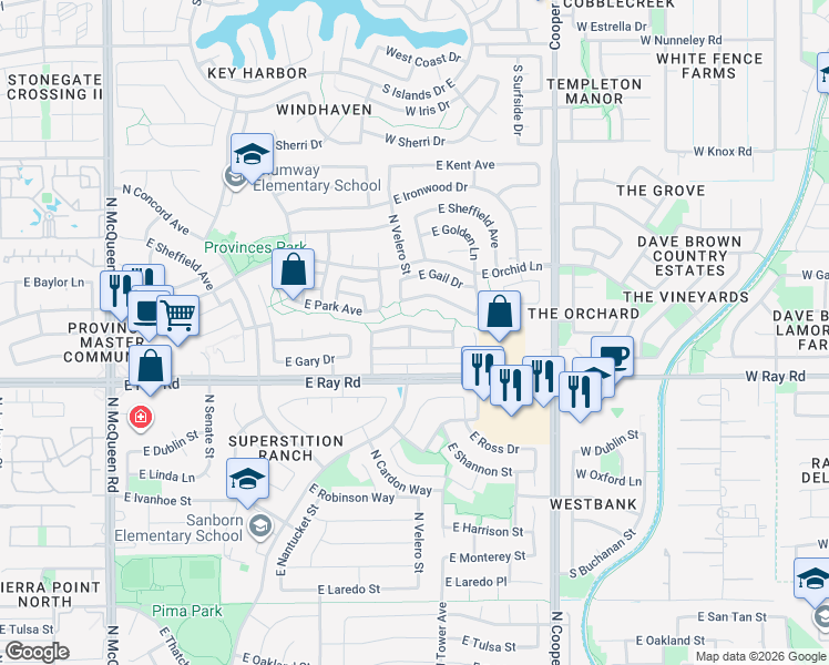 map of restaurants, bars, coffee shops, grocery stores, and more near 1650 East Park Avenue in Chandler