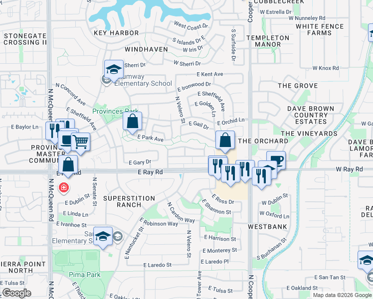 map of restaurants, bars, coffee shops, grocery stores, and more near 1650 East Park Avenue in Chandler