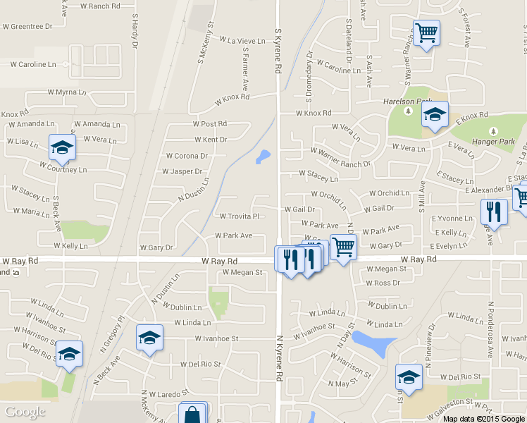 map of restaurants, bars, coffee shops, grocery stores, and more near 6034 West Trovita Place in Chandler