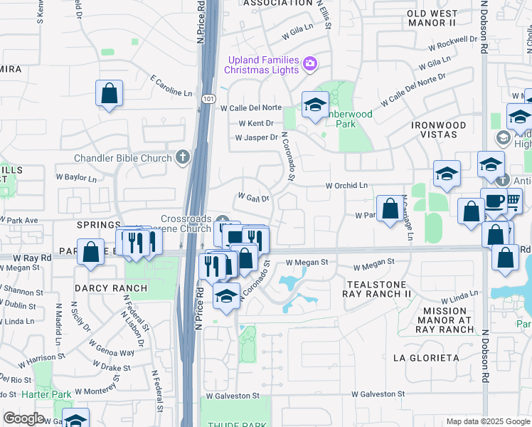 map of restaurants, bars, coffee shops, grocery stores, and more near 2770 West Park Avenue in Chandler