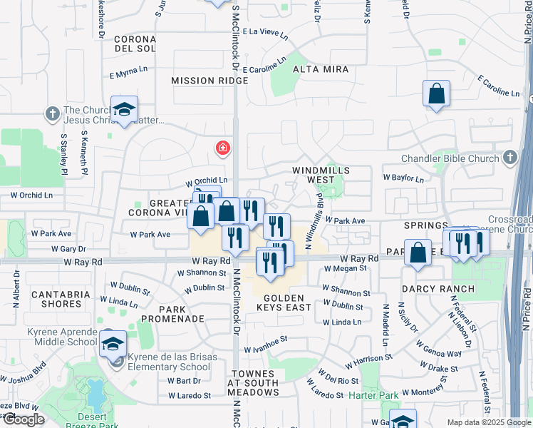 map of restaurants, bars, coffee shops, grocery stores, and more near 3962 West Roundabout Circle in Chandler