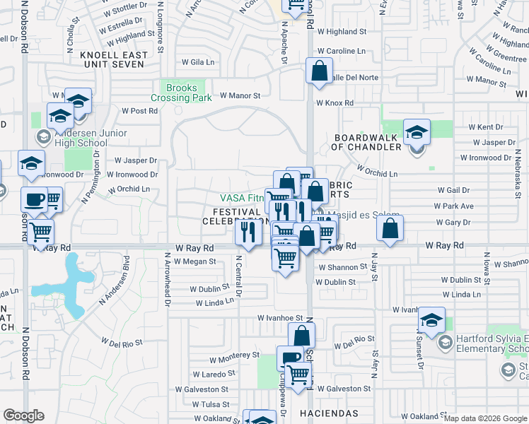 map of restaurants, bars, coffee shops, grocery stores, and more near 1231 West Gail Drive in Chandler