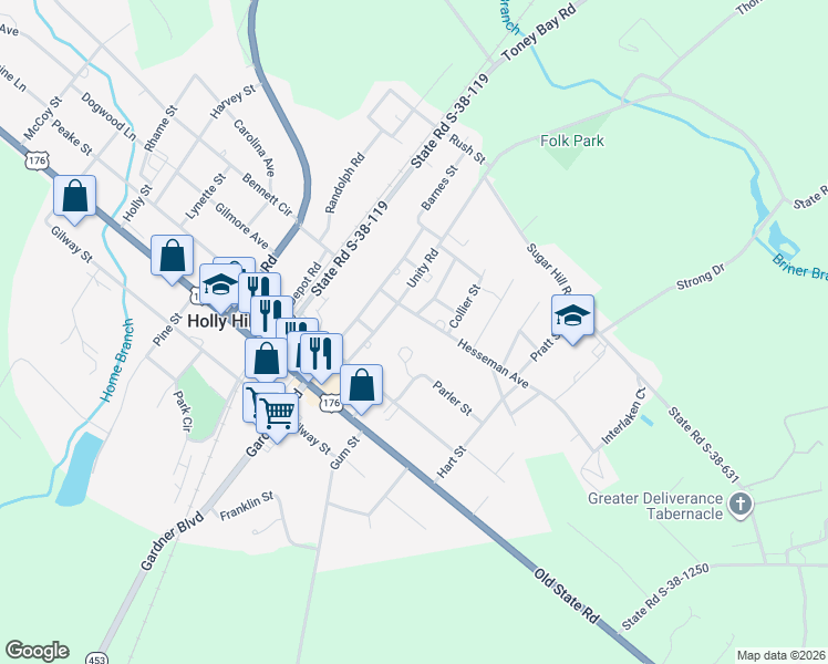 map of restaurants, bars, coffee shops, grocery stores, and more near 729 Hesseman Avenue in Holly Hill