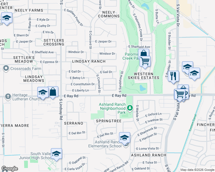 map of restaurants, bars, coffee shops, grocery stores, and more near 1103 East Constitution Drive in Gilbert