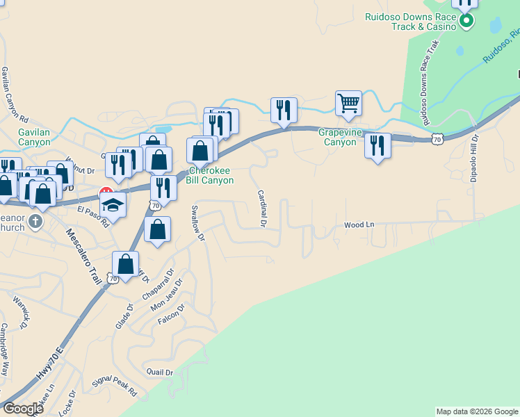 map of restaurants, bars, coffee shops, grocery stores, and more near 113 Cardinal Drive in Ruidoso