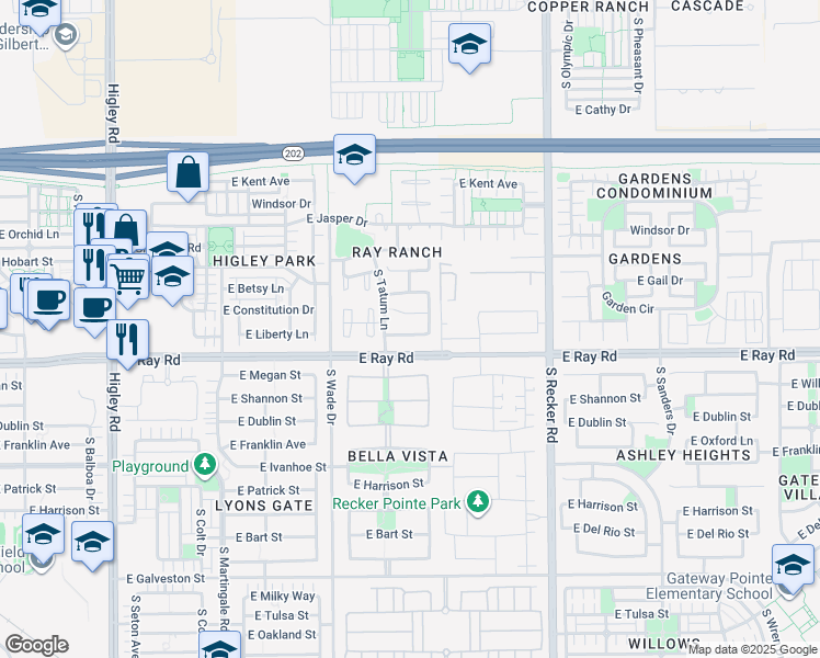 map of restaurants, bars, coffee shops, grocery stores, and more near 3746 East Liberty Lane in Gilbert