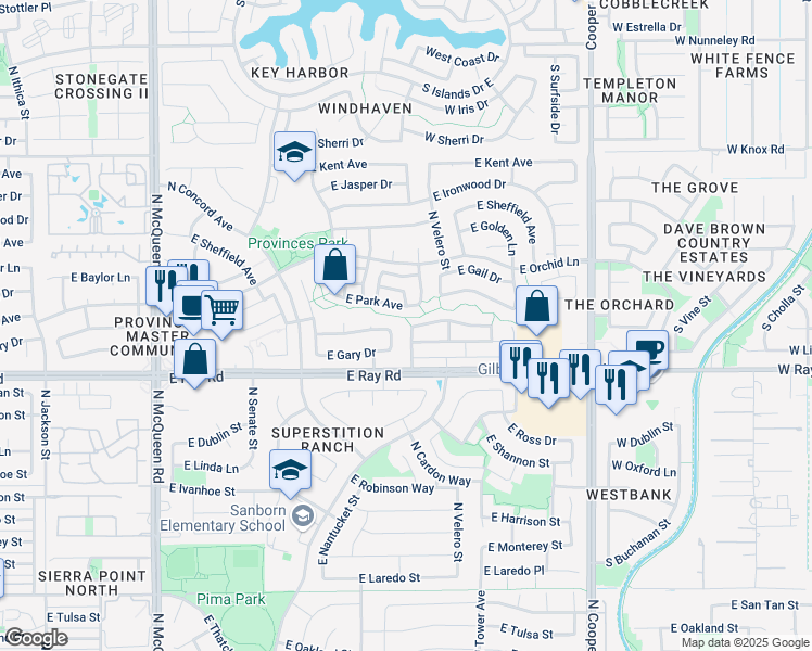 map of restaurants, bars, coffee shops, grocery stores, and more near 1080 North Cambridge Street in Chandler