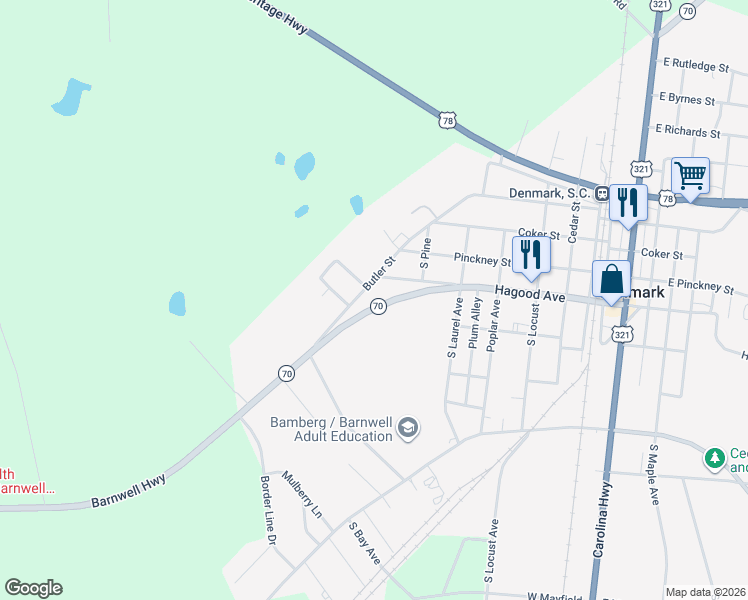 map of restaurants, bars, coffee shops, grocery stores, and more near W Poinsetta St in Denmark