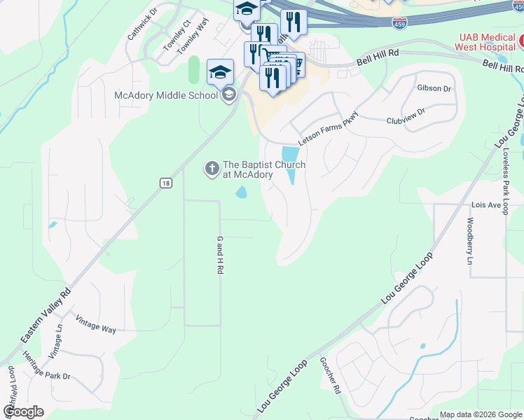 map of restaurants, bars, coffee shops, grocery stores, and more near 4941 Gregg Drive in McCalla