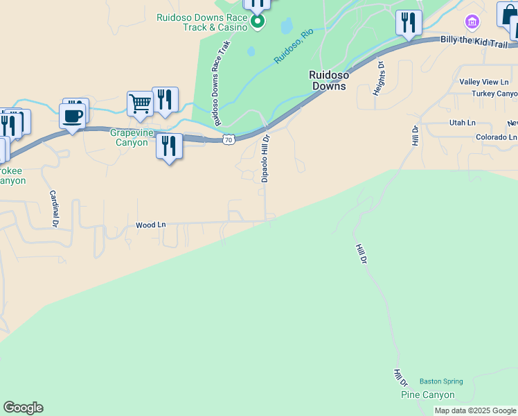 map of restaurants, bars, coffee shops, grocery stores, and more near 114 Dipaolo Drive in Ruidoso Downs