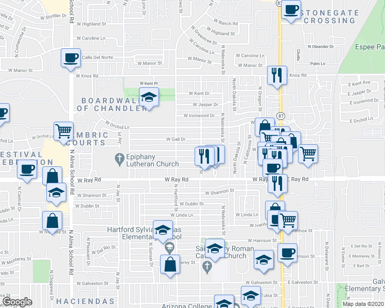 map of restaurants, bars, coffee shops, grocery stores, and more near 533 W Park Ave in Chandler