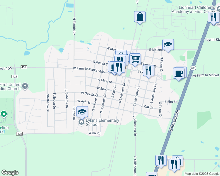 map of restaurants, bars, coffee shops, grocery stores, and more near 307 W Elm St in Celina