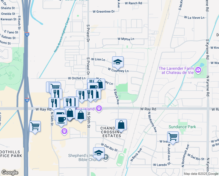 map of restaurants, bars, coffee shops, grocery stores, and more near 1320 West Maria Lane in Tempe