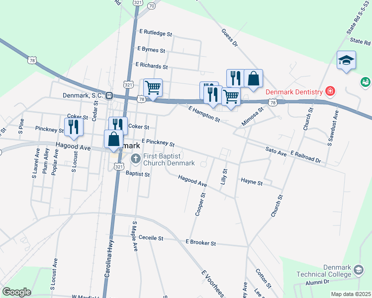 map of restaurants, bars, coffee shops, grocery stores, and more near 309 East Pinckney Street in Denmark