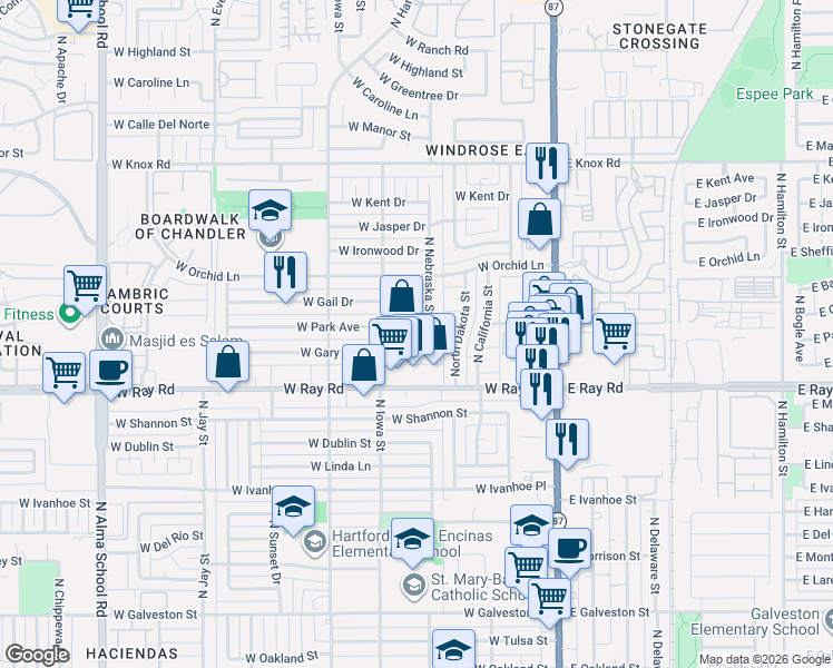 map of restaurants, bars, coffee shops, grocery stores, and more near 459 West Park Avenue in Chandler