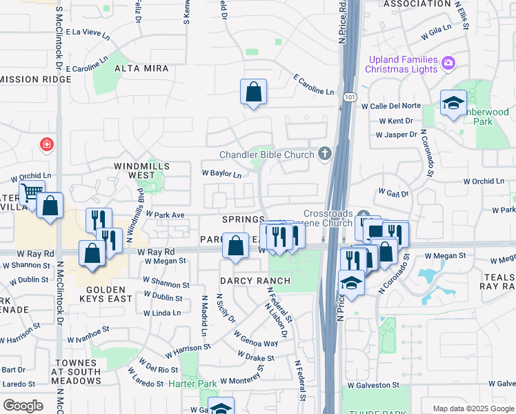 map of restaurants, bars, coffee shops, grocery stores, and more near 1125 North Florence Drive in Chandler