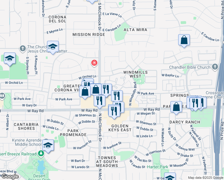 map of restaurants, bars, coffee shops, grocery stores, and more near 3962 West Roundabout Circle in Chandler