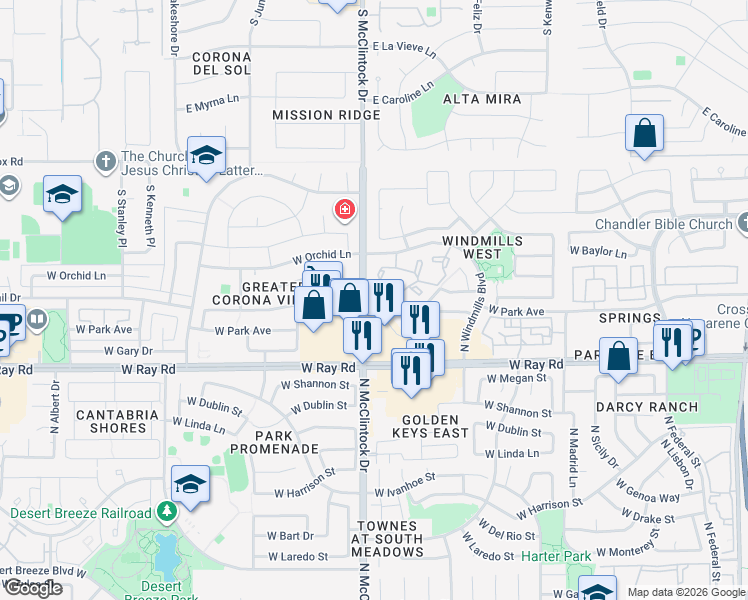 map of restaurants, bars, coffee shops, grocery stores, and more near 3994 West Roundabout Circle in Chandler