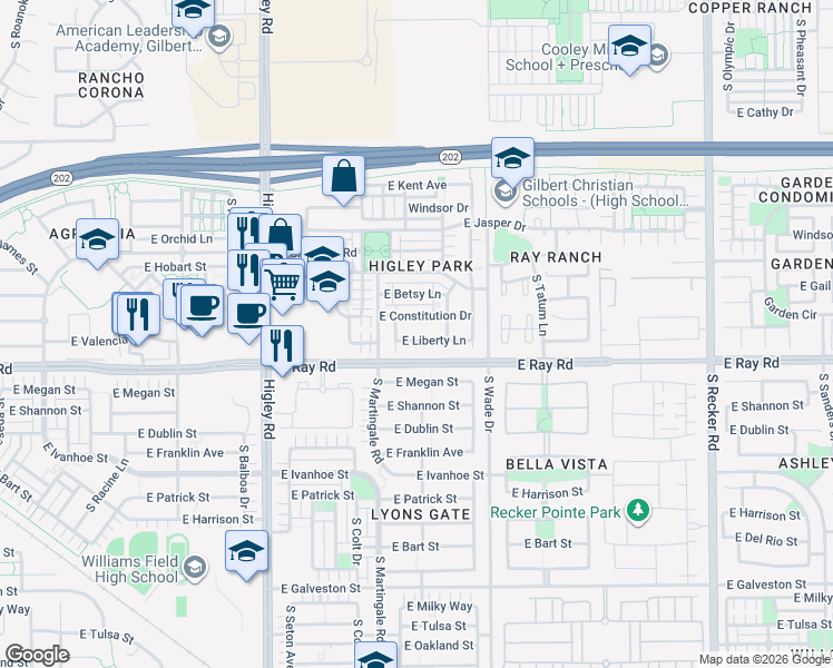 map of restaurants, bars, coffee shops, grocery stores, and more near 3468 East Liberty Lane in Gilbert