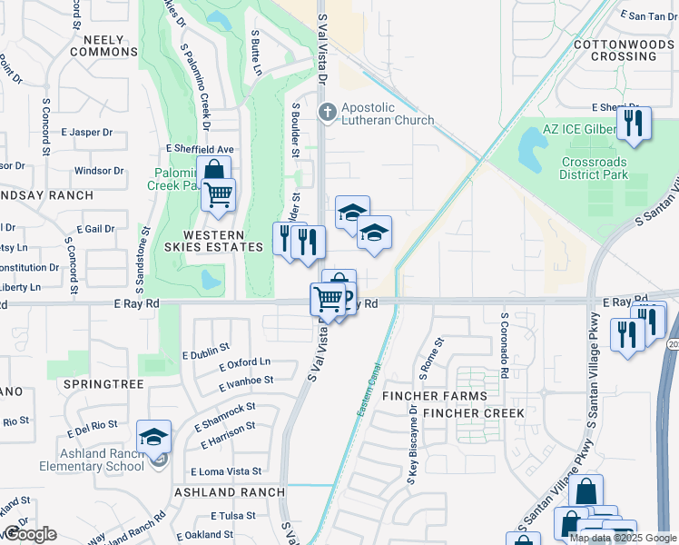 map of restaurants, bars, coffee shops, grocery stores, and more near 13810 South Val Vista Drive in Gilbert