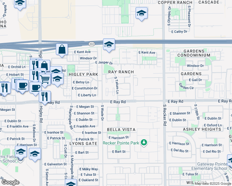 map of restaurants, bars, coffee shops, grocery stores, and more near 3691 East Constitution Drive in Gilbert