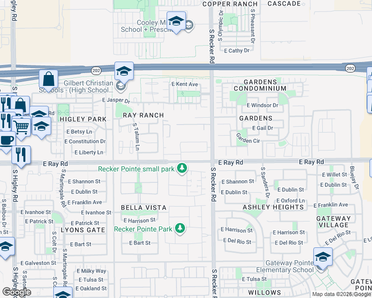 map of restaurants, bars, coffee shops, grocery stores, and more near 3896 East Liberty Lane in Gilbert