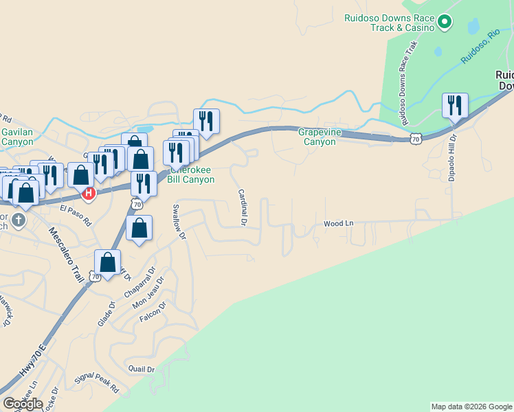 map of restaurants, bars, coffee shops, grocery stores, and more near 113 Cardinal Drive in Ruidoso