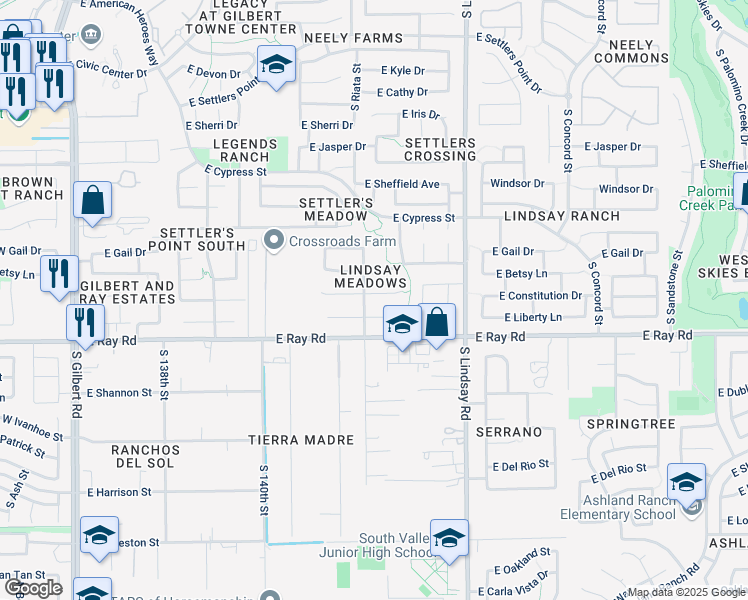map of restaurants, bars, coffee shops, grocery stores, and more near 619 East Betsy Lane in Gilbert