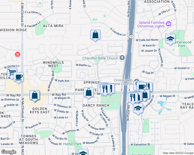 map of restaurants, bars, coffee shops, grocery stores, and more near 1125 North Florence Drive in Chandler