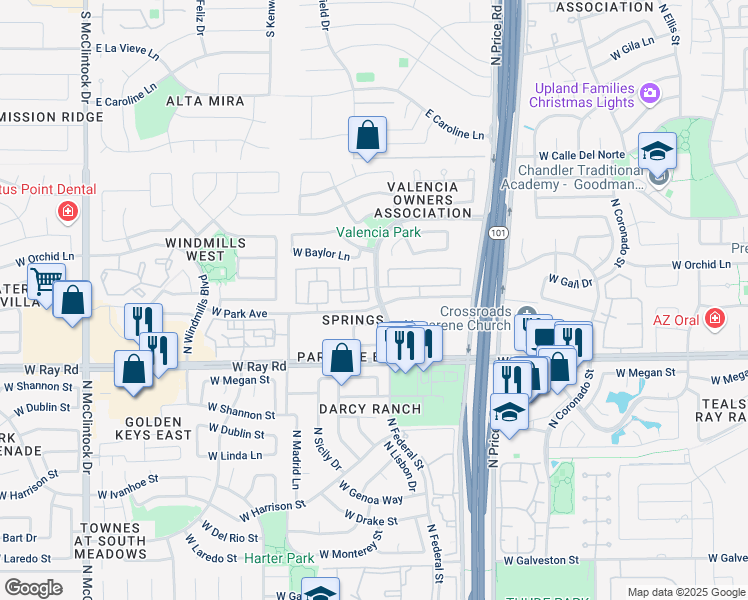 map of restaurants, bars, coffee shops, grocery stores, and more near 1125 North Florence Drive in Chandler