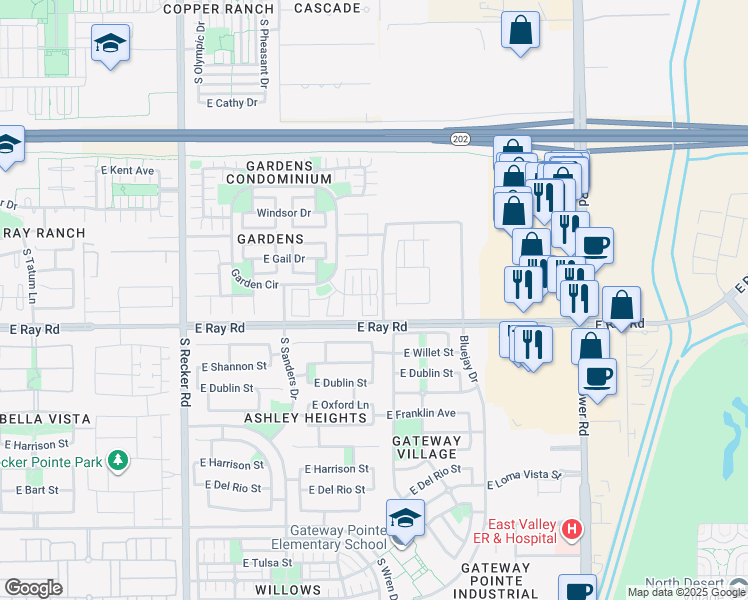 map of restaurants, bars, coffee shops, grocery stores, and more near 1546 South Roadrunner Drive in Gilbert