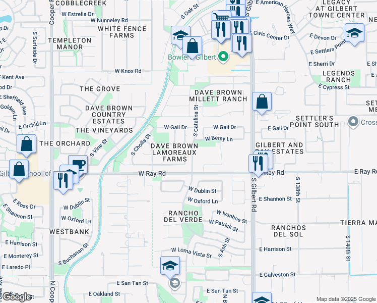 map of restaurants, bars, coffee shops, grocery stores, and more near 1511 South Saguaro Street in Gilbert