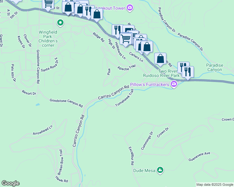 map of restaurants, bars, coffee shops, grocery stores, and more near 429 Carrizo Canyon Road in Ruidoso