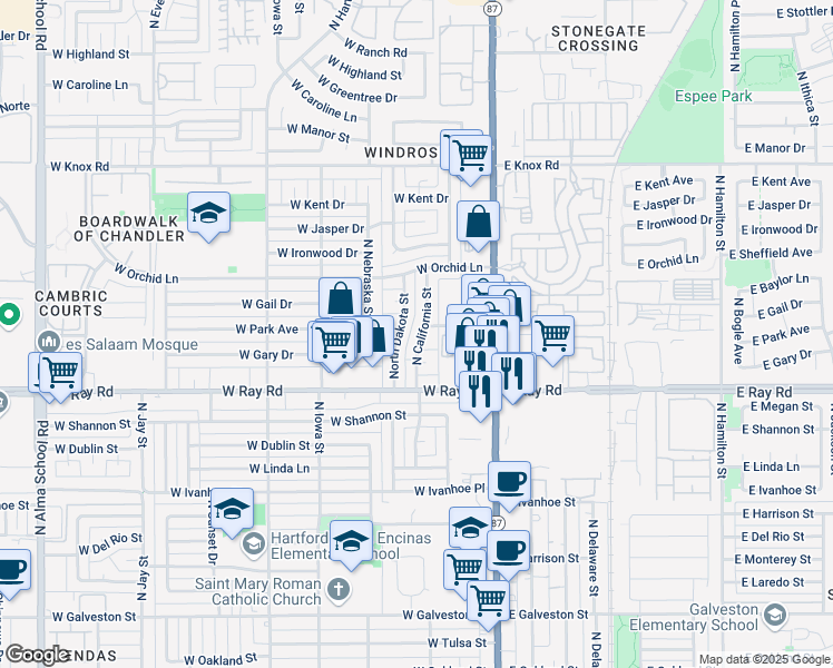map of restaurants, bars, coffee shops, grocery stores, and more near 1098 North California Street in Chandler