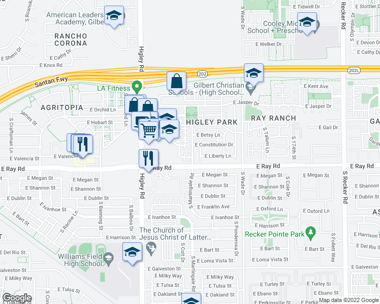 map of restaurants, bars, coffee shops, grocery stores, and more near 3394 East Liberty Lane in Gilbert