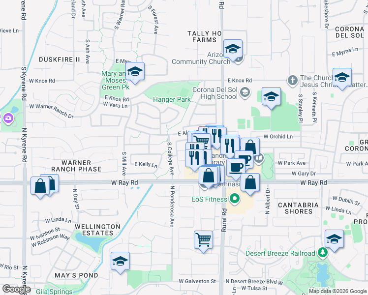 map of restaurants, bars, coffee shops, grocery stores, and more near 574 East Yvonne Lane in Tempe
