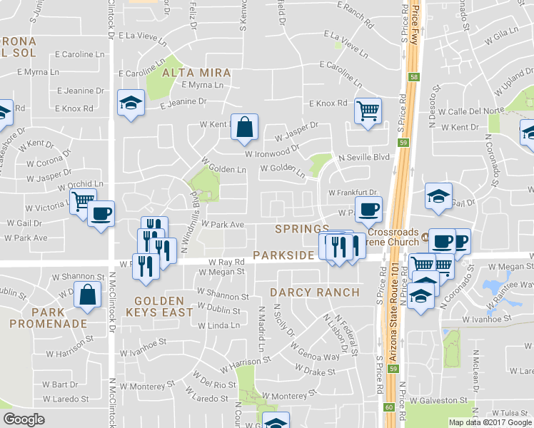 map of restaurants, bars, coffee shops, grocery stores, and more near 1124 North Corsica Drive in Chandler