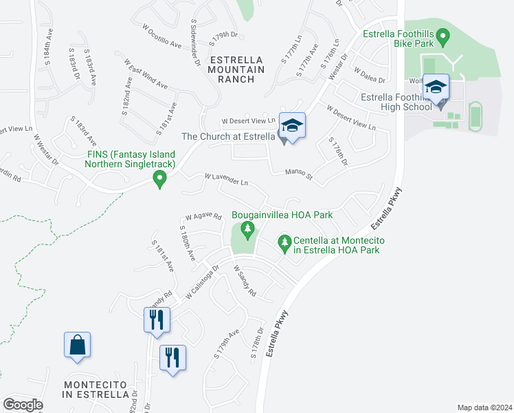map of restaurants, bars, coffee shops, grocery stores, and more near 17834 West Verdin Road in Goodyear