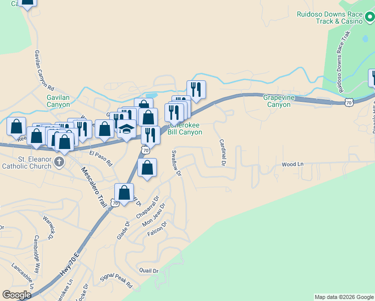 map of restaurants, bars, coffee shops, grocery stores, and more near 222 Swallow Drive in Ruidoso