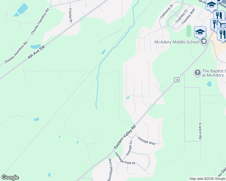 map of restaurants, bars, coffee shops, grocery stores, and more near 5311 Eastern Valley Road in McCalla