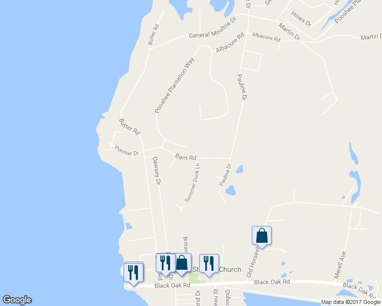 map of restaurants, bars, coffee shops, grocery stores, and more near 642 Barn Road in Bonneau