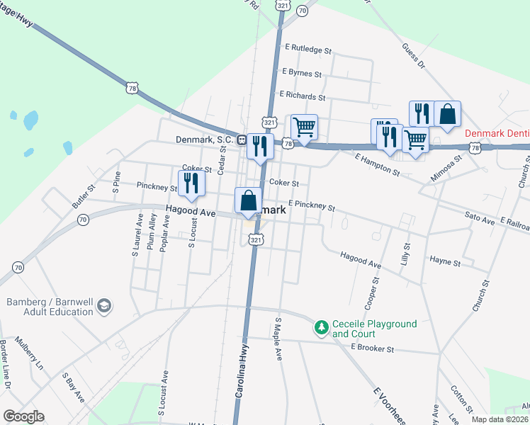 map of restaurants, bars, coffee shops, grocery stores, and more near 4963 Carolina Highway in Denmark